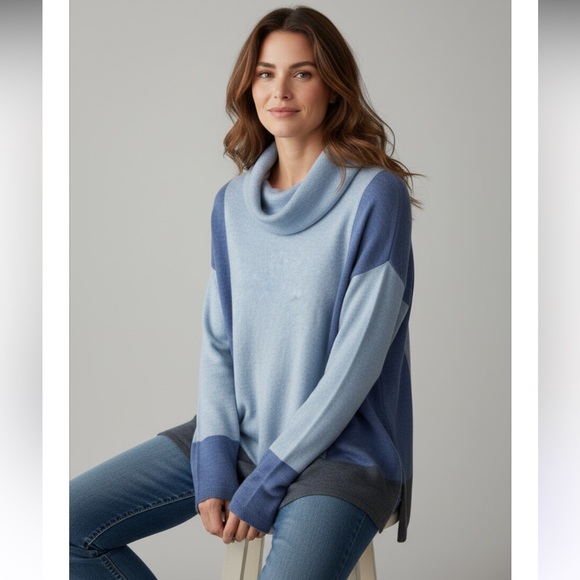 ETCETERA Sweater Cowl Cashmere Blend Colorblock Blue Pullover Long Sleeve XS - Picture 2 of 10